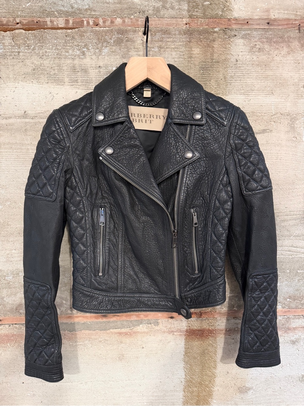 Burberry Black Quilted-Sleeve Leather Moto Jacket - Women